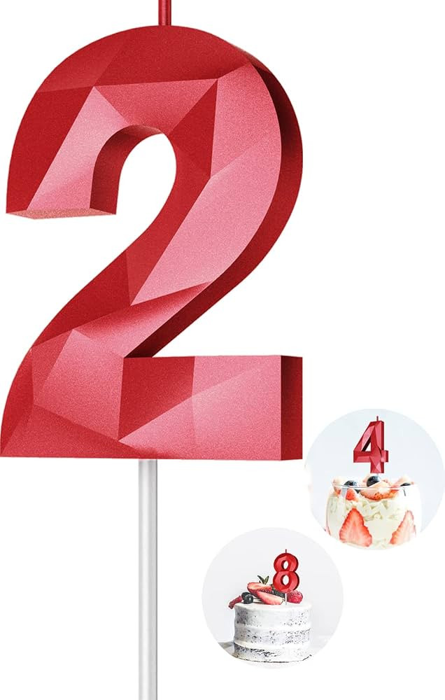 Number Birthday Candles(2 Candle Red) 3D Diamond Shape Number Happy Birthday Cake Candles for Bir... | Amazon (US)