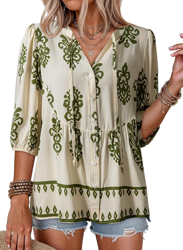 Dokotoo Womens Summer Tops Boho Floral Short Sleeve Button Down V Neck Peplum Babydoll Casual Loo... | Amazon (US)