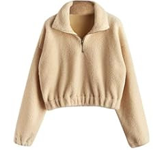 ZAFUL Women's Faux Fur Pullover Half Zip Long Sleeve Crop Sweatshirt Tops | Amazon (US)