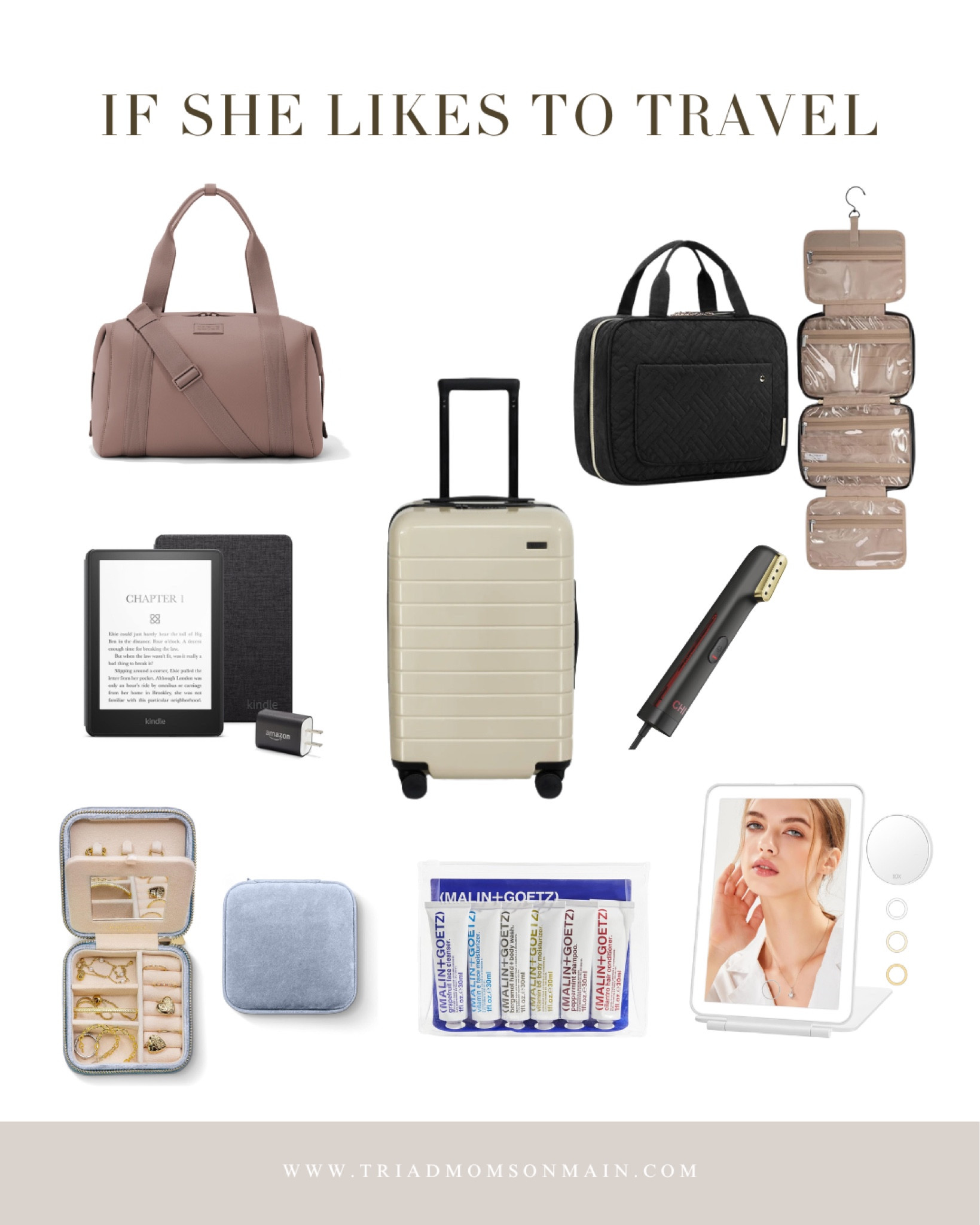 Gift ideas if she likes to travel

Travel jewelry case 
Dagne Dover carryall bag 
Hanging toiletry bag 
Kindle paper white 
Portable make up mirror 
Away suitcase 
Travel steamer

#LTKGiftGuide #LTKHoliday #LTKFindsUnder50