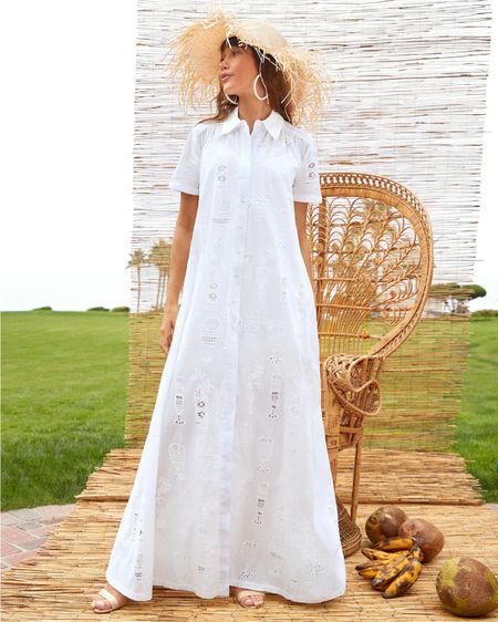 Trina Turk
KON TIKI DRESS

This maxi-length shirtdress features a point collar neckline, gathered shoulders, short sleeves, a full front placket, and a dramatic A-line silhouette, blending classic shirtdress details with contemporary styling. Crafted from our new Happy Hour eyelet fabric, this breezy maxi shirtdress is perfect for your next island getaway. The playful monochromatic pattern of tropical drinks adds a fresh, fun twist to your vacation wardrobe, making it a standout piece at any summer event. Relaxed cotton eyelet adds easy versatility to this white, short-sleeve maxi dress, which can double as an elevated swim cover-up, effortlessly taking you from the beach to the boardwalk.

#LTKTravel #LTKStyleTip #LTKParties