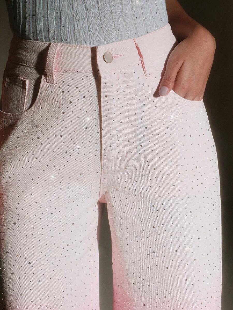 Anewsta Women's New Rhinestone Embellished Ombre Pink Straight Leg Jeans, Suitable For Parties And Valentine's Day | SHEIN