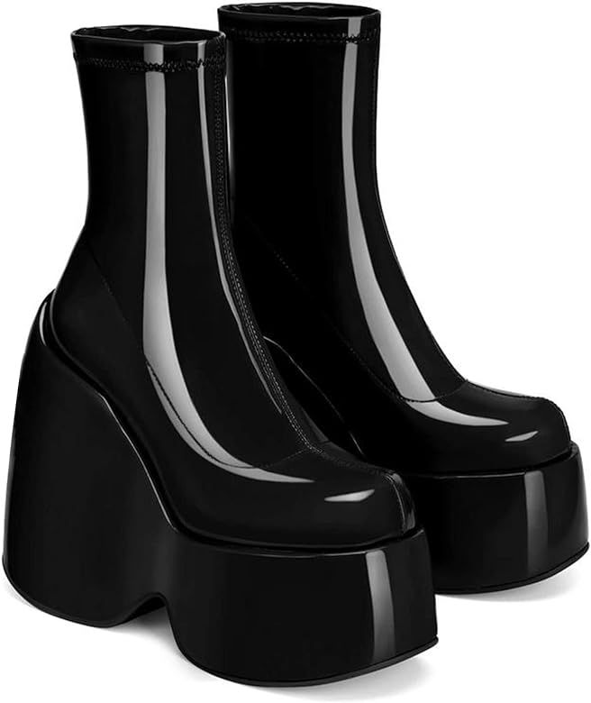 Platform Boots for Women Black Platform Boots Gothic Punk Block Heel Mid Calf Boots Combat Boots Mot | Amazon (US)