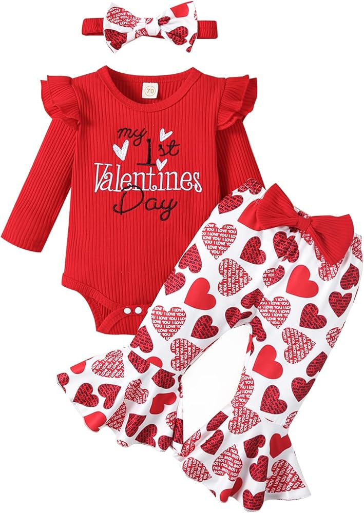 My First Valentine's Day Outfits Newborn Baby Girl Outfits Long Sleeve Ribbed Romper Heart Flare ... | Amazon (US)