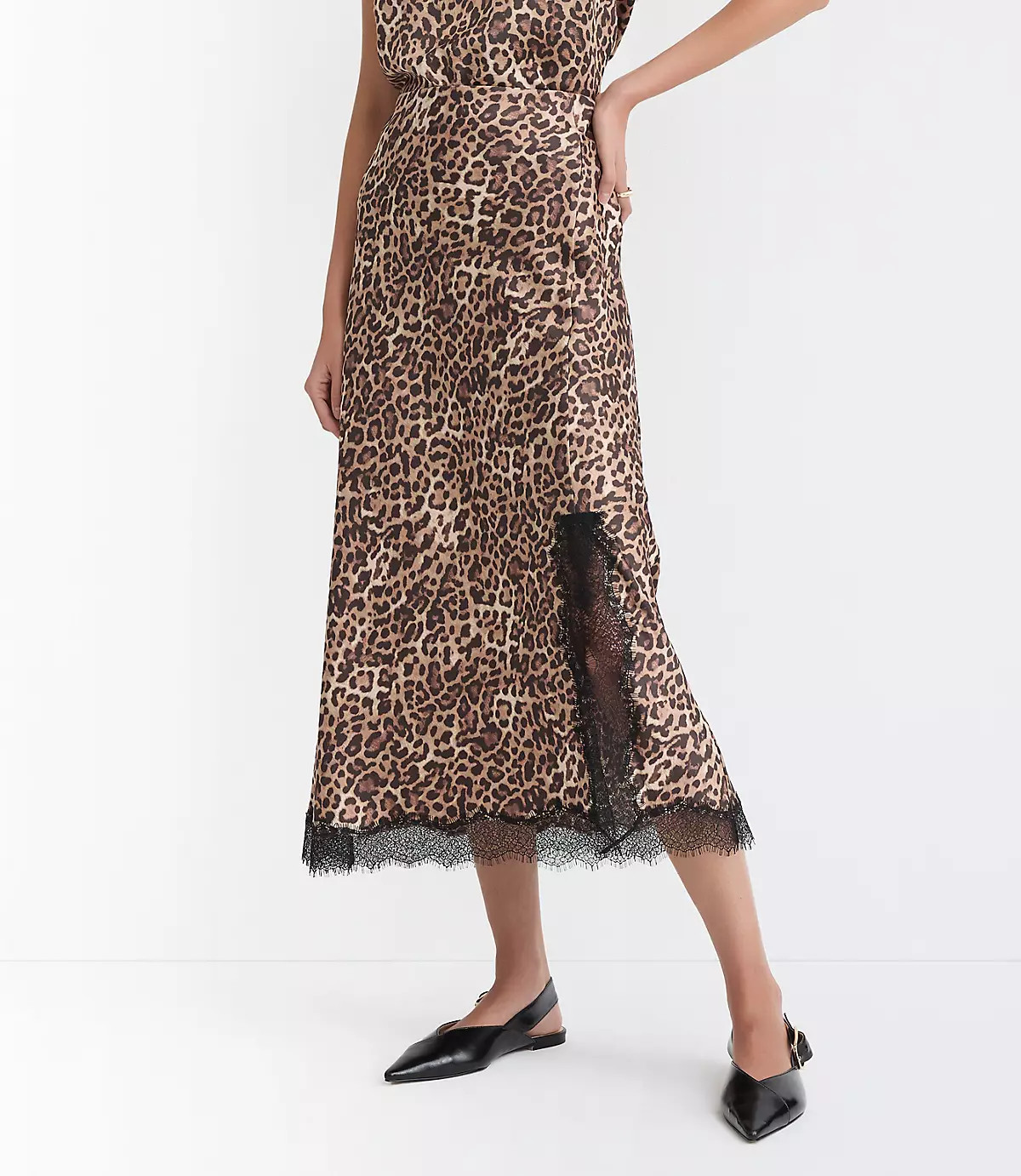 Leopard Print Lace Trim Satin Bias Midi Skirt | LOFT