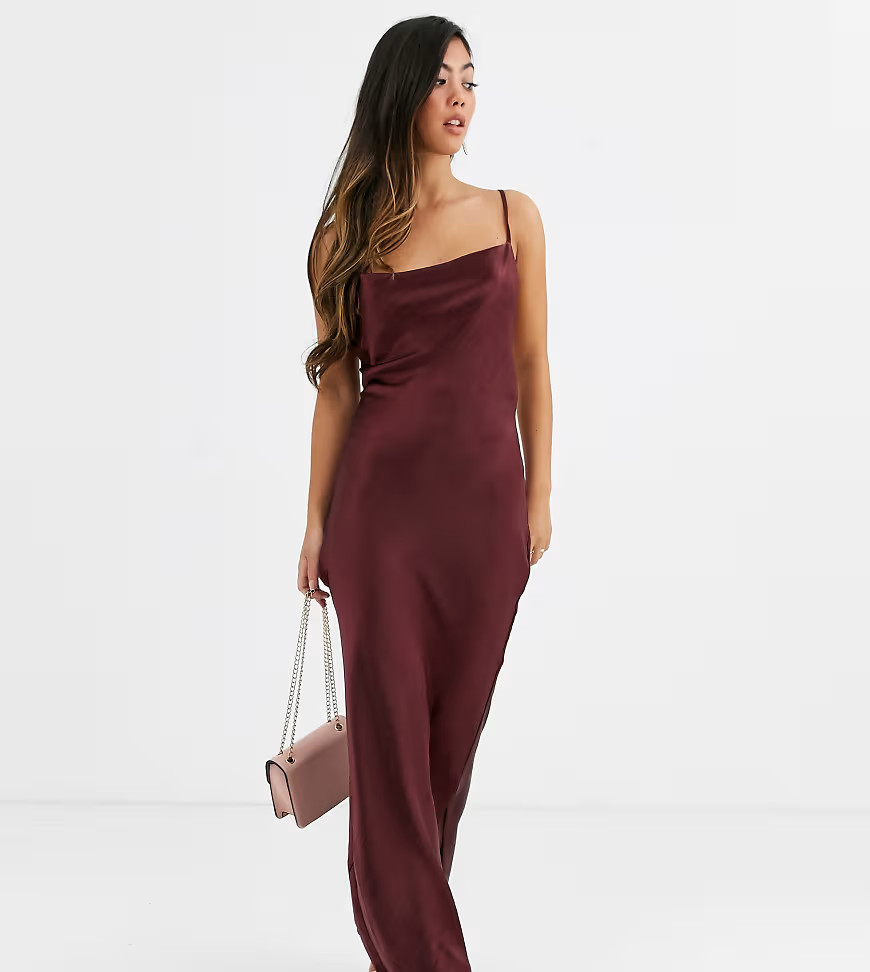 ASOS DESIGN Petite cami maxi slip dress in high shine with lace up back-Purple | ASOS (Global)