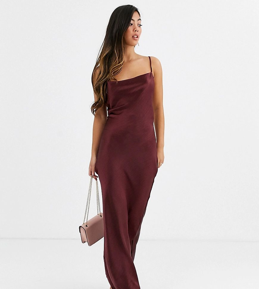 ASOS DESIGN Petite cami maxi slip dress in high shine with lace up back-Purple | ASOS (Global)