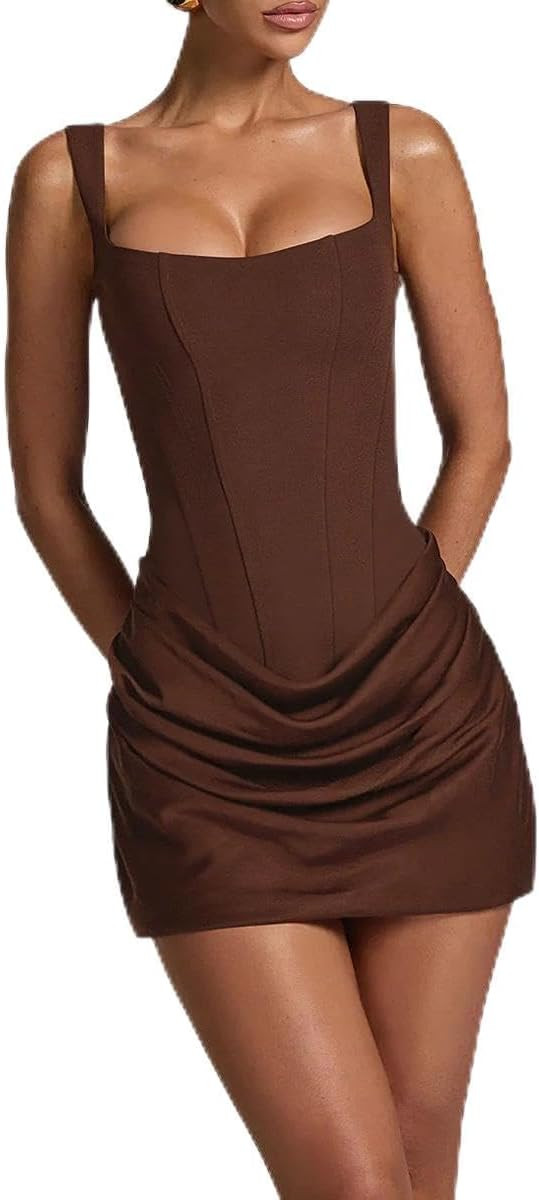 Women‘s Corset Mini Dress Square Neck Ruched Lace Up Back Bodycon Homecoming Graduation Formal Cocktail Prom | Amazon (US)