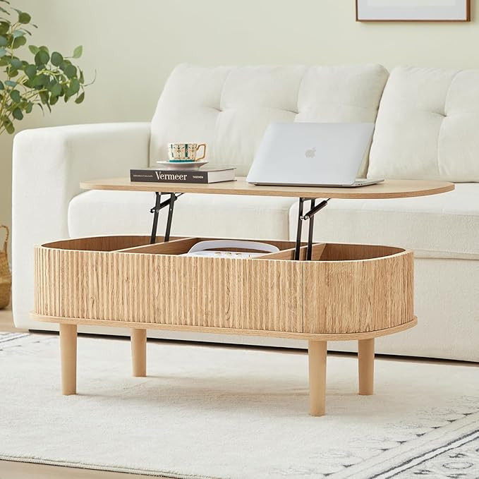 Fluted Lift Top Coffee Table with Hidden Compartment, Fully Assembled Wooden Center Table, Modern... | Amazon (US)
