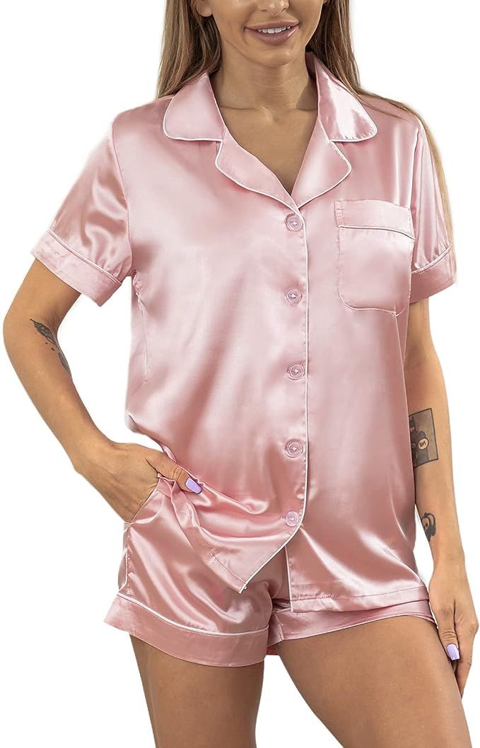 YIMANIE Womens Silky Satin Short Pajamas Set Classic Sleepwear Loungewear | Amazon (US)