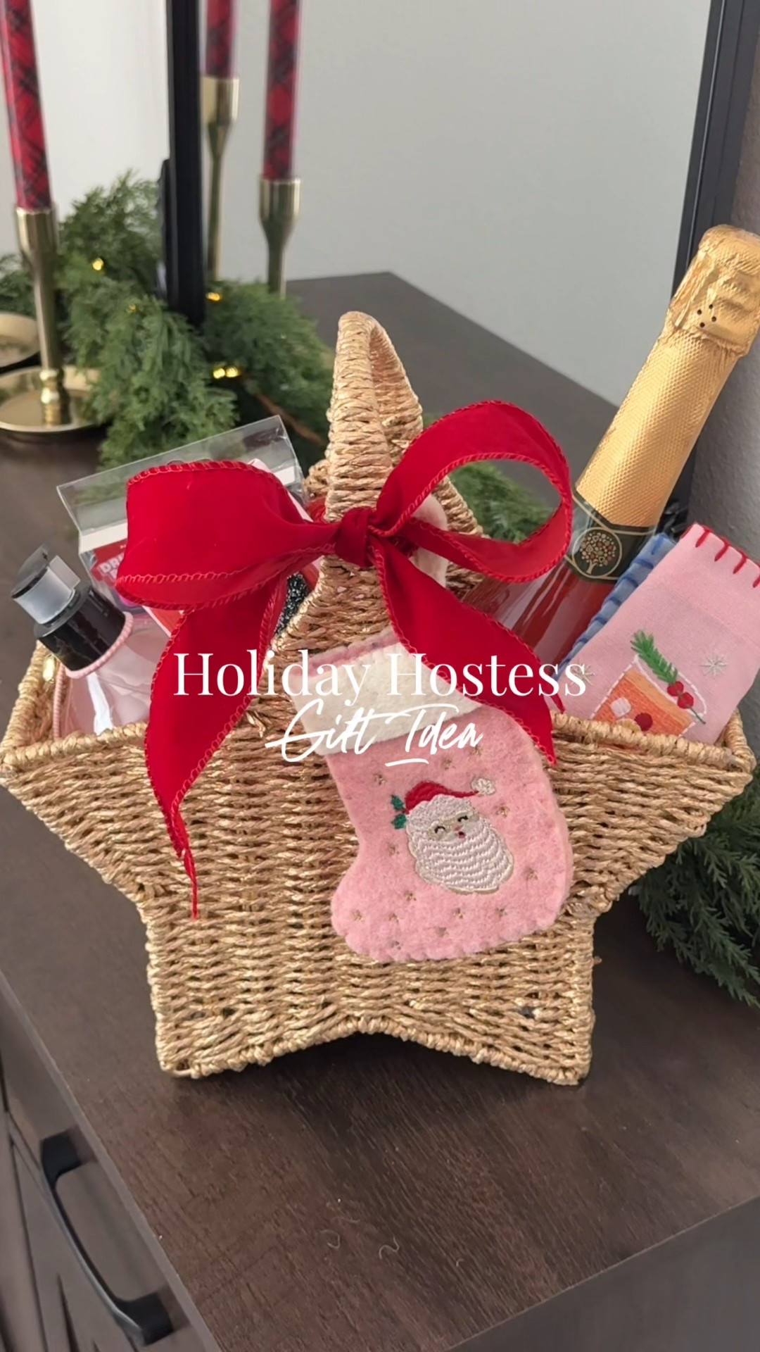 Hostess Gift Idea ⭐️
When I saw this star basket, I immediately thought it would be perfect for a festive hostess gift. The Elf Elixir is a non alcoholic sparkling apple juice and so pretty when you shake and pour! The soaps smell amazing and the holiday cocktail napkins and glass charms are too cute! I’m obsessed with how this turned out! What do you think?! 

#LTKHome #LTKGiftGuide #LTKHoliday