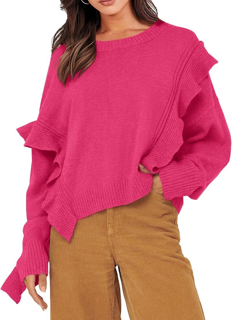 PRETTYGARDEN Women's 2023 Knit Pullover Sweaters Long Sleeve Crewneck Ruffle Loose Jumper Tops Bl... | Amazon (US)
