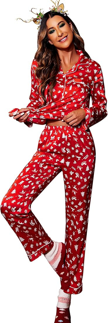 Ekouaer Satin Pajamas Women’s Long Sleeve Sleepwear Silk Soft Button Down Loungewear Pjs Set S-... | Amazon (US)