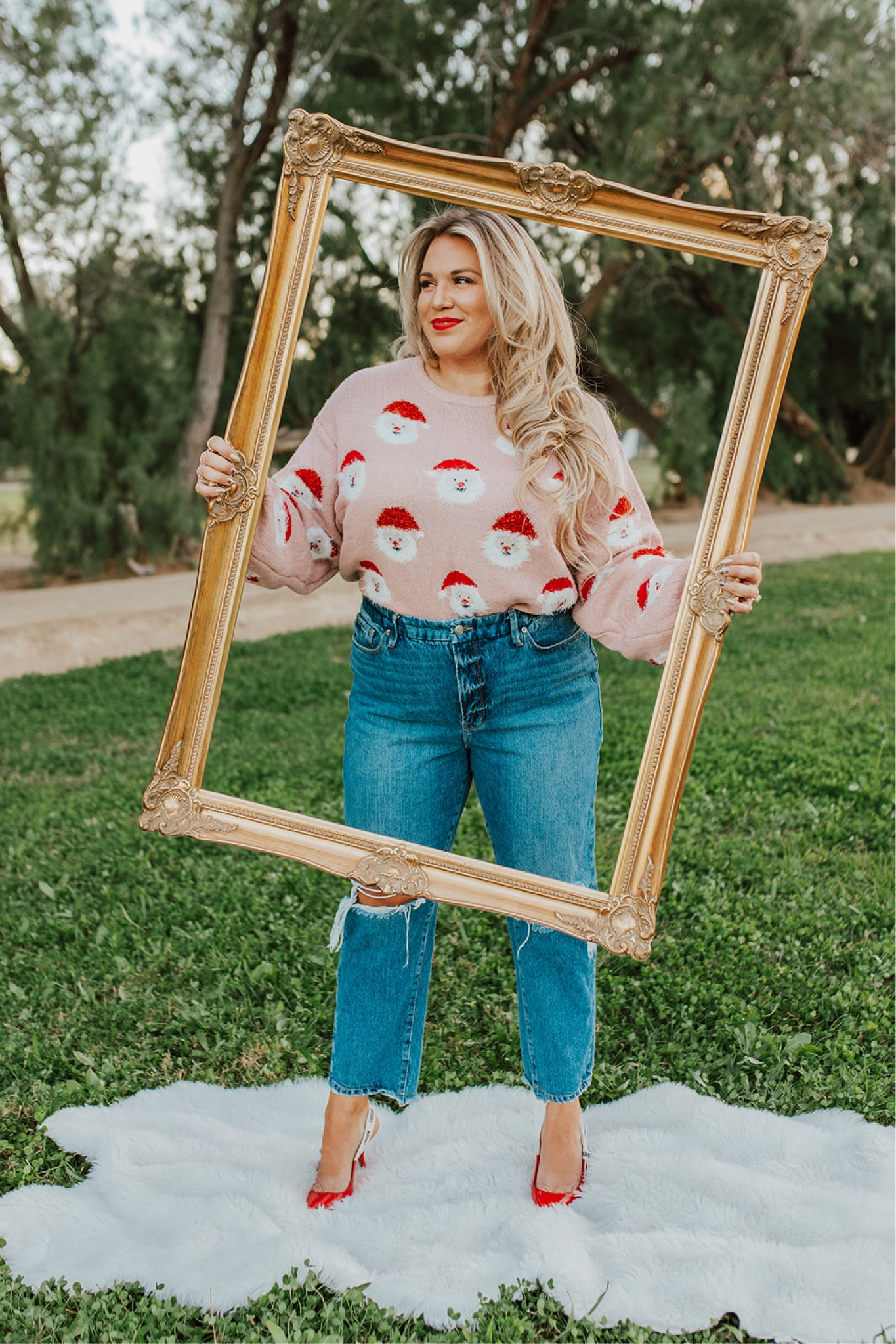 curvy casual Christmas look! wearing size xl in pink Santa cropped sweater and size 15 in denim 

#LTKHoliday #LTKcurves #LTKunder50