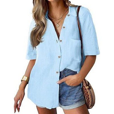 Zeagoo Button Up Blouse for Women Collar Shirt Short Sleeve Linen Cotton Tops  Casual Loose-Fitting Business Shirt-Clear Blue-S | Target