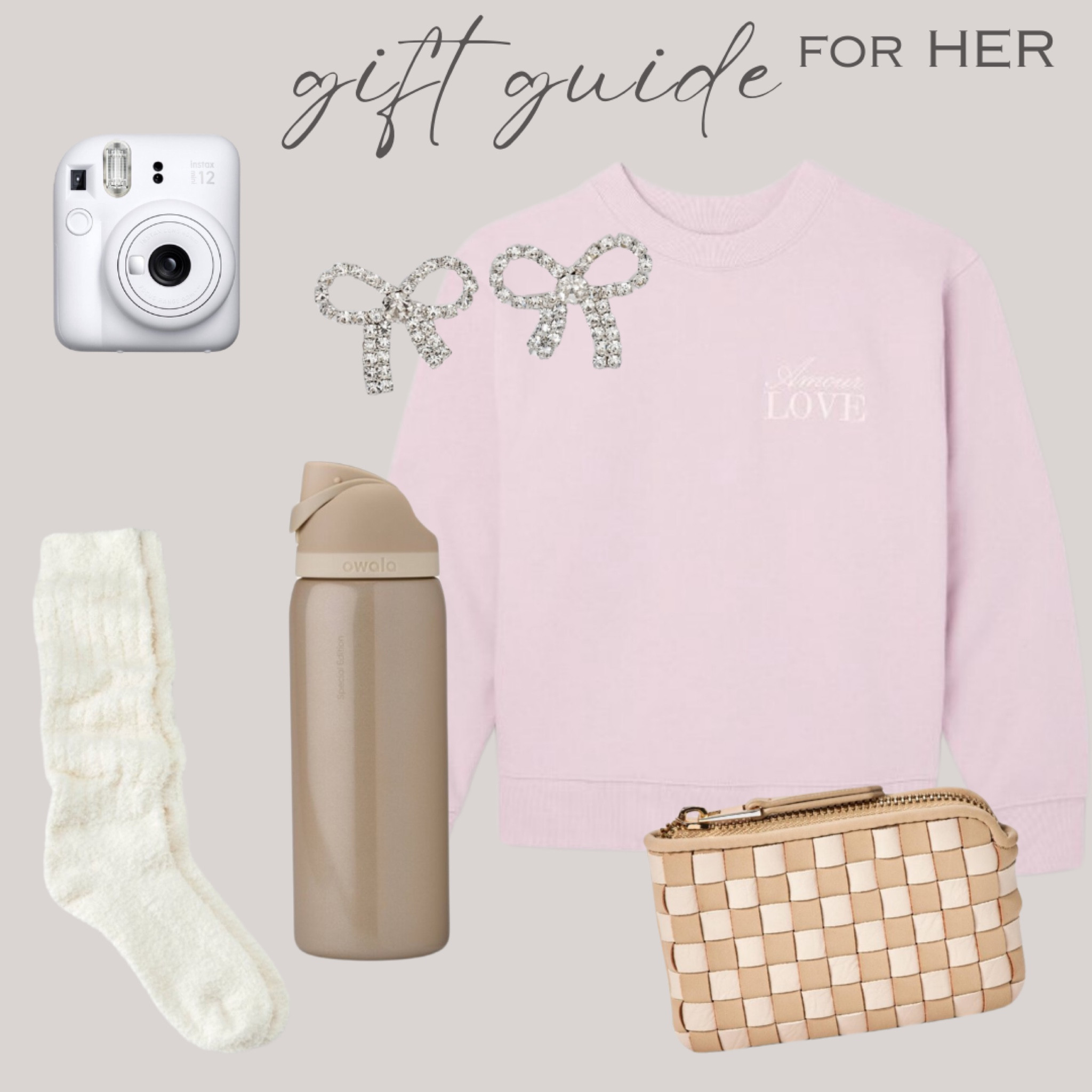 Gift Guide - For Her! 


Water bottle, checkered wristlet, graphic sweater, scrunch socks, camera, bow earrings 


#target 

#LTKHoliday #LTKGiftGuide