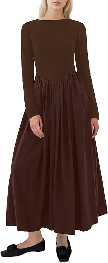 Women Boat Neck Long Sleeve Maxi Dresses Slim Fit Drop-Waist Patchwork Dress Flowy Swing Fall Lon... | Amazon (US)