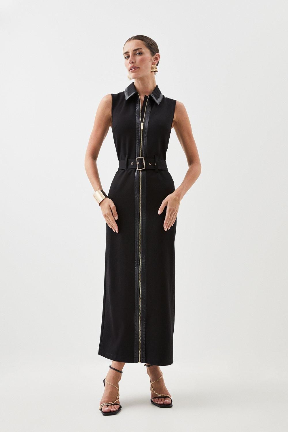 Pu Ponte Belted Midi Dress | Karen Millen US