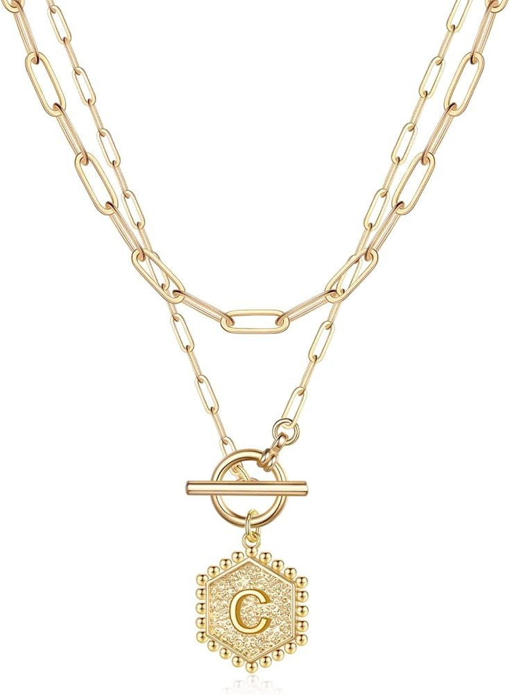 Layered Gold Initial Necklaces for Women, 14K Gold Plated Paperclip Link Chain Necklace Hexagon Lett | Amazon (US)