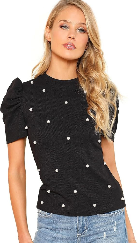 Romwe Women's Elegant Pearl Embellished Puff Short Sleeve Embroidered Blouse Tops | Amazon (US)