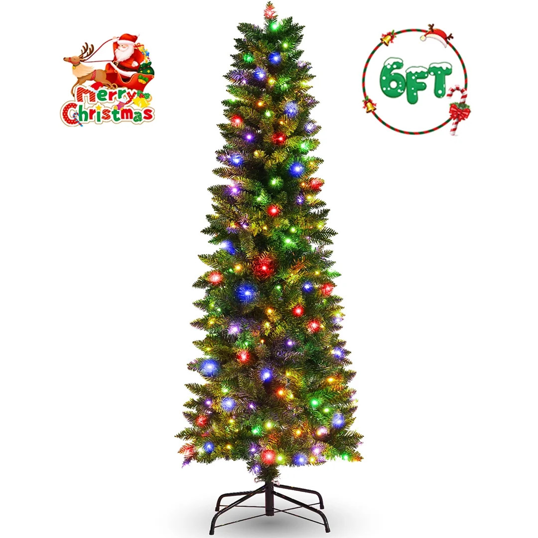 VIBESPARK 6ft Pre-Lit Pencil Christmas Tree, Skinny Spruce Slim Holiday Decoration w/ 570 Tips, 2... | Walmart (US)