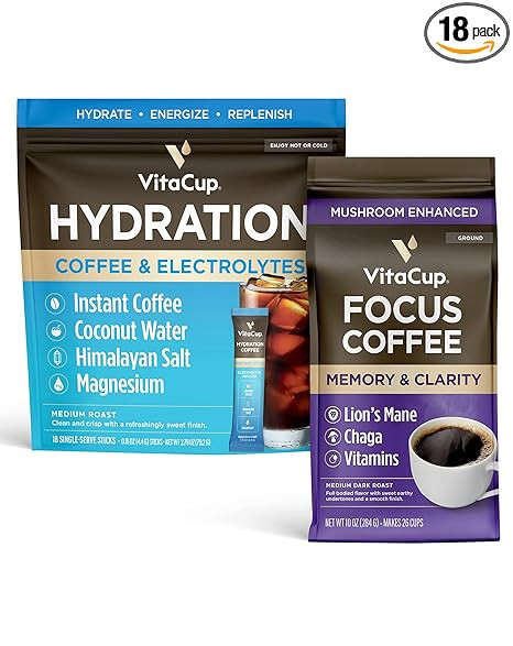 VitaCup Hydration Instant Coffee Sticks w/Electrolytes, Coconut Water, Medium Roast 18ct & Focus ... | Amazon (US)