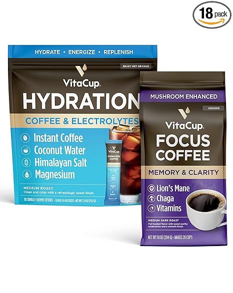VitaCup Hydration Instant Coffee Sticks w/Electrolytes, Coconut Water, Medium Roast 18ct & Focus ... | Amazon (US)