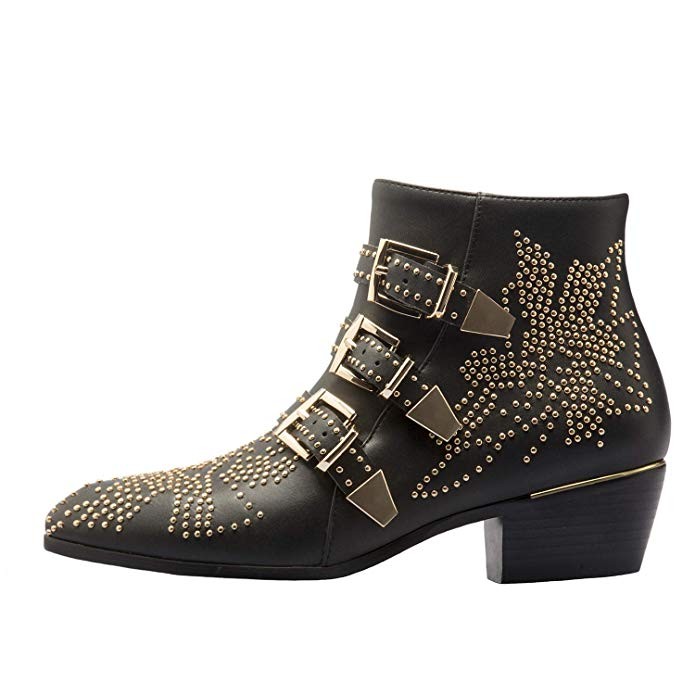 Comfity Boots for Women,Women's Leather Boot Rivets Studded Shoes Metal Buckle Low Heels Ankle St... | Amazon (US)