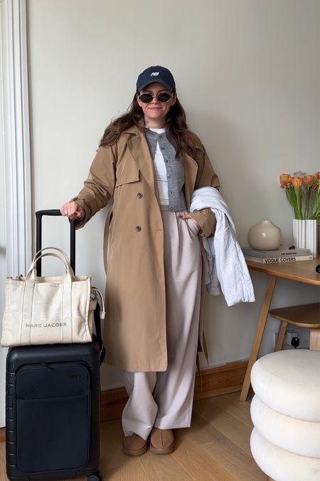 Airport outfit, wide tailored trousers. Adanola jumper Marc Jacob’s canvas bag trench coat 