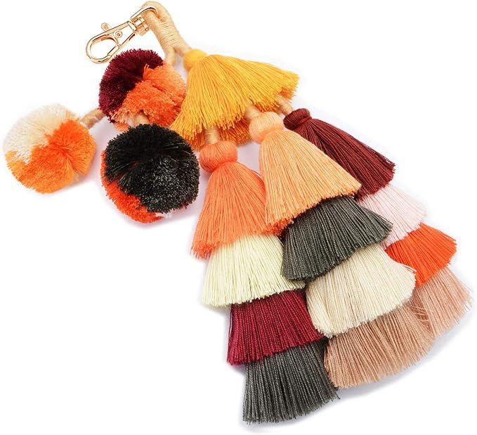 Tassel Pom Pom Key Chain Colorful Boho Charm Key Ring, Fashion Accessories for Women | Amazon (US)