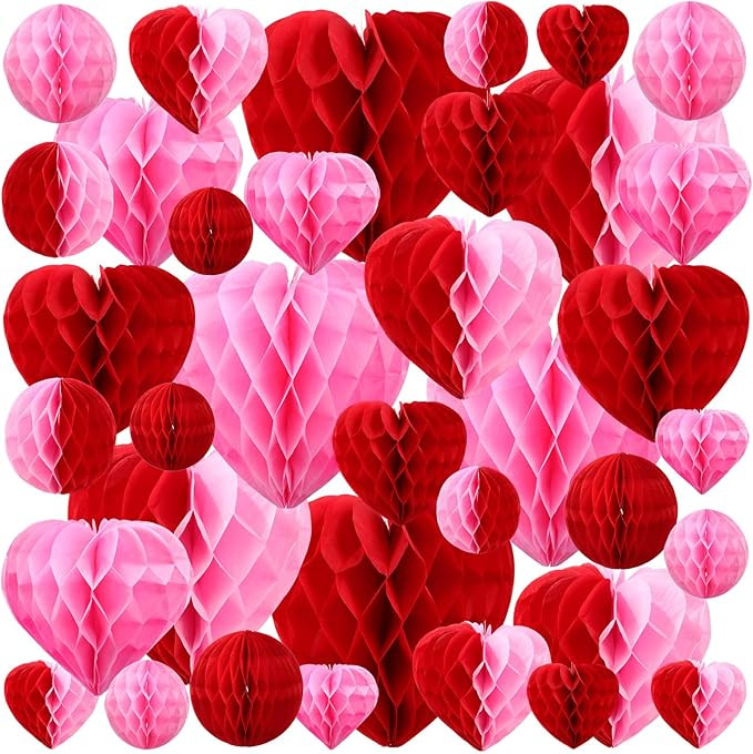 Yexiya 36 Pcs Valentine Heart Honeycomb Decorations Pom Poms Honeycomb Ball Paper Decorations Hea... | Amazon (US)