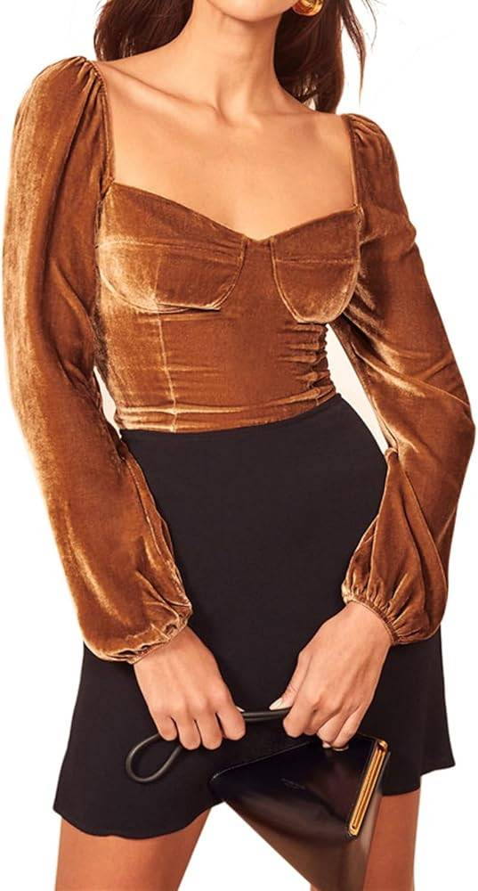 R.Vivimos Women's Fall Velvet Long Sleeves Square Neckline Casual Vintage Crop Tops Blouse | Amazon (US)