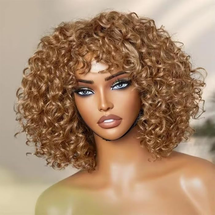 Golden Blonde Short Cut Curly Human Hair Wig with Curly Bangs Glueless Wigs #27 Color Short Bob B... | Amazon (US)