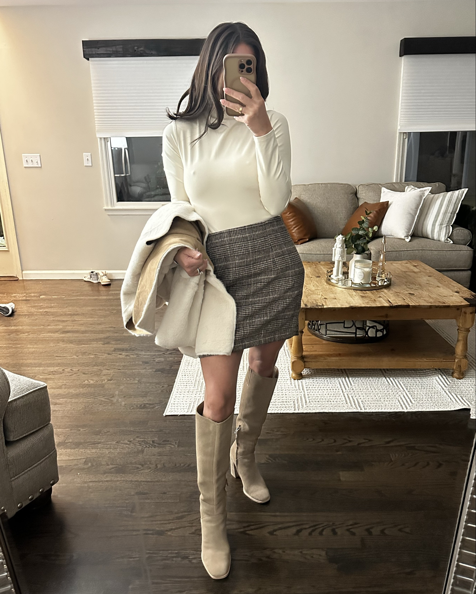 These boots on repeat all winter long 
Bodysuit: Express
Skirt: Amazon size S; should have sized down, had to pin the back 
Boots: Dolce Vita
Coat: Marshalls find 

#LTKmomlife #LTKHoliday #LTKdayinmylife