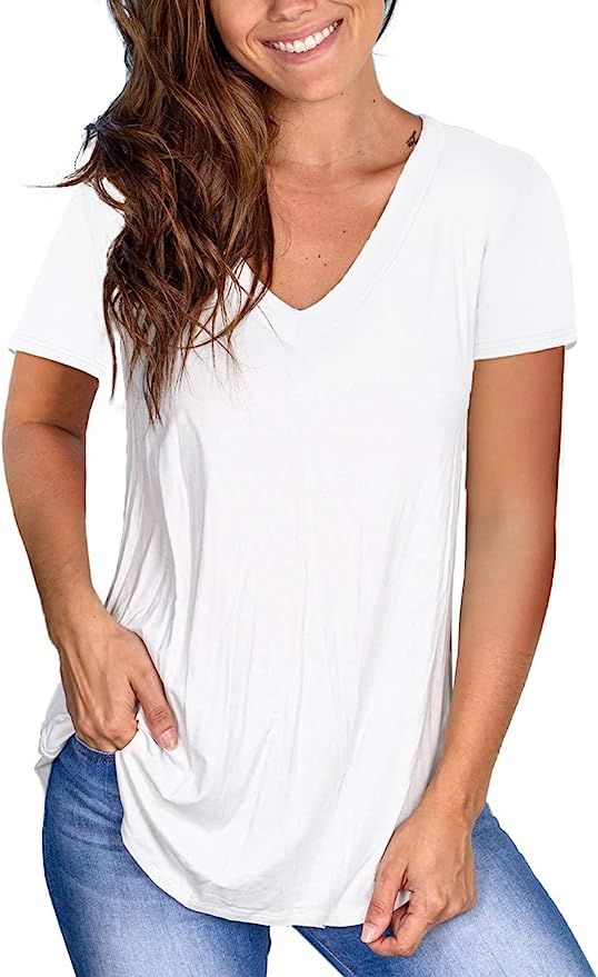 NIASHOT Women's Short Sleeve V-Neck Loose Casual Tee T-Shirt Tops | Amazon (US)
