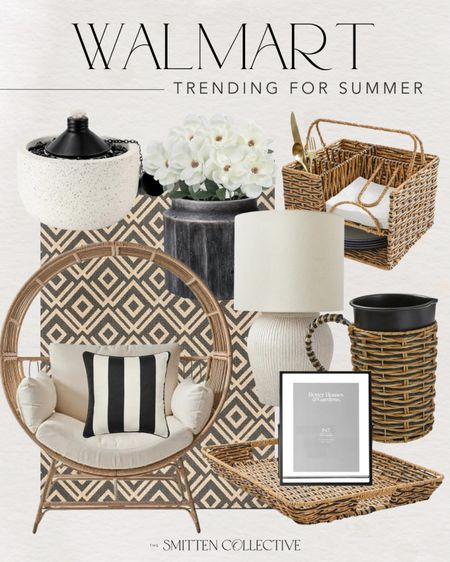 Walmart trending decor for summer!! This included this round patio chair, outdoor throw pillows, outdoor area rug, table top fire pit, planter, faux florals, utensil caddy, tray, pitcher, picture frame, table lamp, and more!! 

better homes and gardens, summer home decor, patio decor, backyard decor, porch decor, porch furniture, patio furniture, Walmart home decor, Walmart furniture, Walmart decor, Walmart new arrivals, summer home finds, entertaining, hosting, summer entertaining, table lamp, trending home decor

#LTKHome #LTKSeasonal #LTKStyleTip