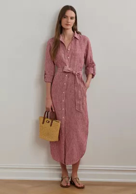 Lauren Ralph Lauren Women's Petite Striped Linen Roll-Tab-Sleeve Shirtdress, Red, 4P | Belk