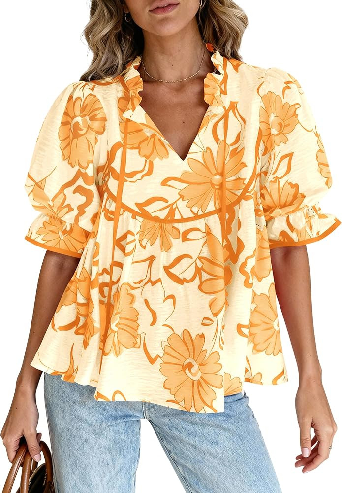 PRETTYGARDEN Womens Summer Tops 2026 Cute Puff Sleeve Ruffle V Neck Babydoll T-Shirts Boho Floral... | Amazon (US)