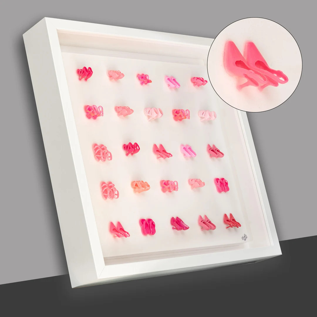 25 Pairs of pink & red barbie style shoes, pop art on canvas, 3D miniature shoes, nursery, office... | Etsy (US)