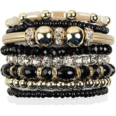RIAH FASHION Bohemian Bead Multi Layer Versatile Statement Bracelets - Metallic Bar, Sparkly Crys... | Amazon (US)