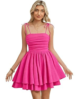 WDIRARA Women's Tie Shoulder Ruched Sleeveless Shirred Layered Ruffle Hem Cocktail Party Cami Dre... | Amazon (US)