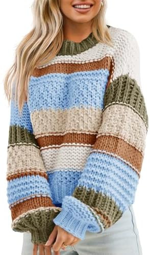 Saodimallsu Womens Color Block Sweater Striped Chunky Knit Cropped Sweaters Crewneck Fall Long Sl... | Amazon (US)