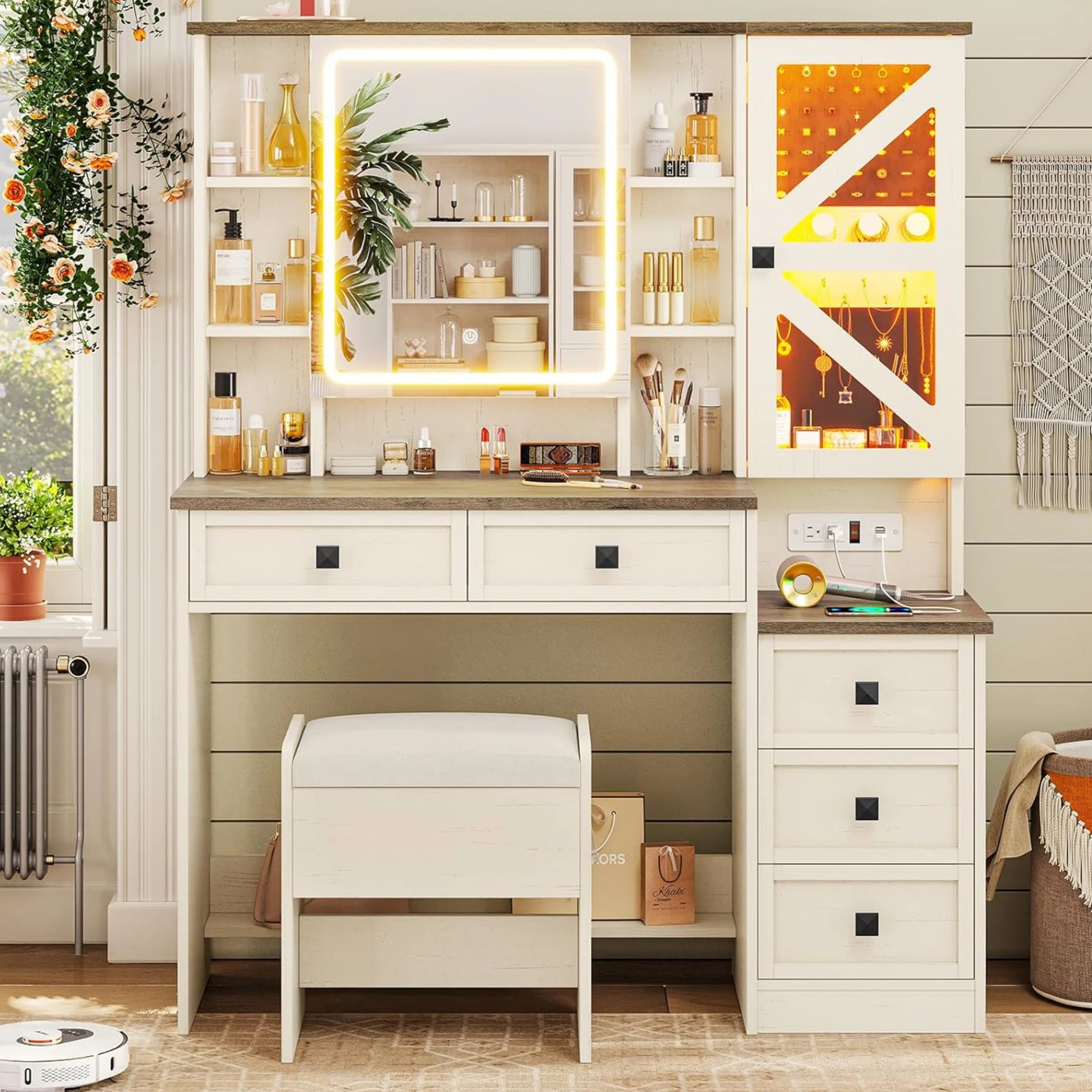 Farmhouse Vanity Set with Stool, Vintage White | Wayfair North America