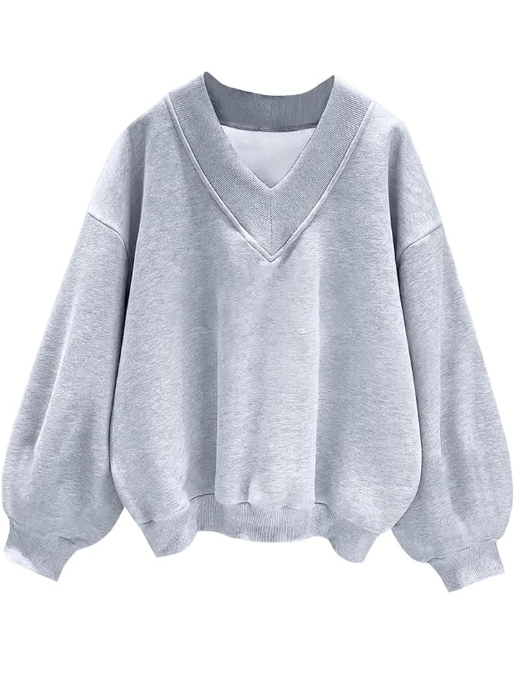 Hilinker Womens V Neck Oversized Sweatshirts Casual Drop Shoulder Long Sleeve Pullover Tops | Amazon (US)