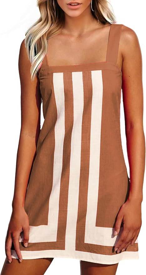Fiona Jolin Women's Striped Mini Dress Boho Shoulder Strap Sundress Summer Cover Up Dress for Bea... | Amazon (US)