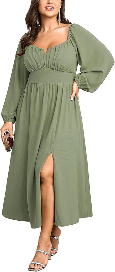 SCOMCHIC Women Plus Size Formal Dresses Long Sleeve Square Neck Wedding Guest Cocktail Split A-Li... | Amazon (US)