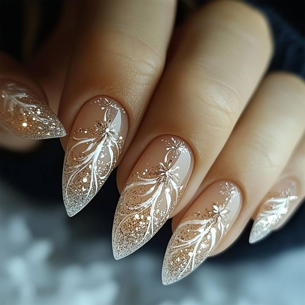 SINHOT Stiletto Press on Nails Long - White Flower & Gold Glitter Almond Nail Art, DIY Fake Nails... | Amazon (US)