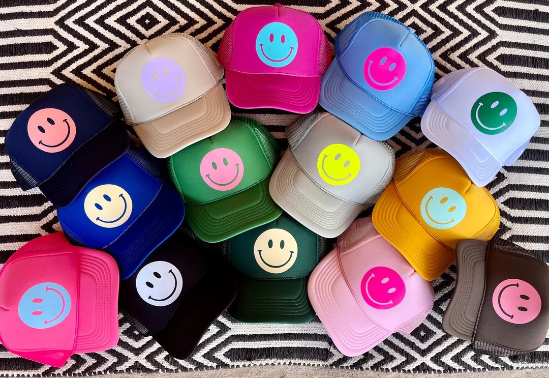 Smiley Face Trucker Hat Happy Hues Collecti!!, Smiley Face Trucker Hat, Smiley Face Hat, Trucker ... | Etsy (US)