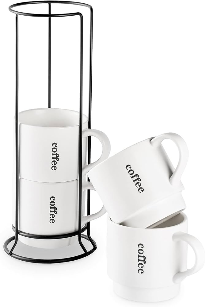 LAUCHUH Coffee Mugs Set of 4, 15 Ounce Stackable Coffee Mugs with Rack Latte Cup Porcelain Mugs f... | Amazon (US)