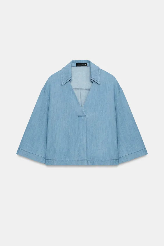 Blouse crafted from a cotton and 23% linen blend. Featuring a lapel collar with a v-neck and slee... | Zara UK